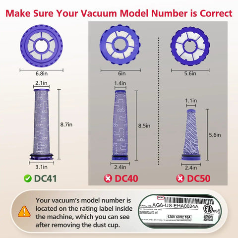 Comparison of vacuum filter sizes for DC41, DC40, DC50 models with instructions on checking model number on the label.