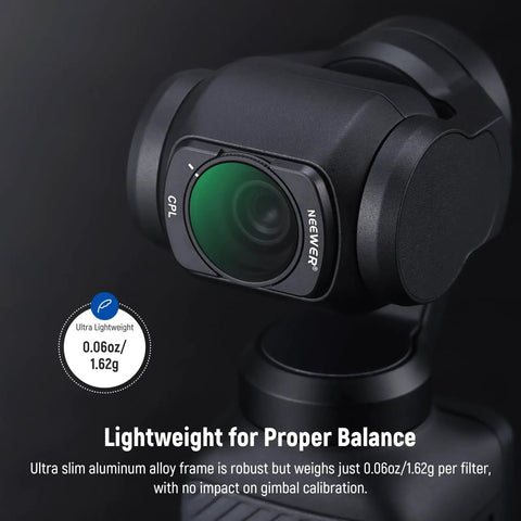 Close-up of Pro Creator ND Filter Kit With CPL For Pocket 3, Pocket 4, And Osmo Pocket Xtra Muse on camera gimbal, lightweight design.