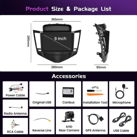Android 15 Car Stereo With 4 Plus 64GB For Chevy Cruze 2009 To 2015 with 9 inch touch screen and included accessories
