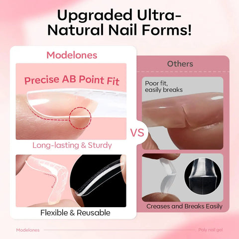 Comparison of upgraded ultra-natural nail forms; precise fit and durability of Modelones versus competitor's weaker forms.