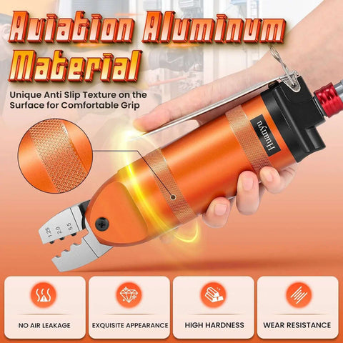Beast Fast Pneumatic Wire Crimping Tool with aviation aluminum, anti-slip texture handle, showing crimping section and product features