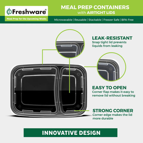 Top Tier Meal Prep Setup, Two Compartment Bento Boxes With Secure Lids, 15 Pack Stackable Food Storage Containers, BPA Free Microwave And Dishwasher Safe, 28 Oz Portions Hit The Spot Daily