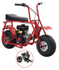 Red mini bike with a 79cc engine and close-up of disc brake pads, compatible with Coleman CT100U and Baja DB30.