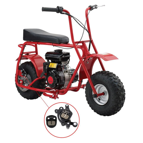 Red mini bike with a 79cc engine and close-up of disc brake pads, compatible with Coleman CT100U and Baja DB30.