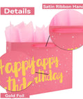Extra Large Pink Birthday Gift Bag Set With Handles, Greeting Card, Tissue Paper And Stickers, Starry Night Design With Gold Foil