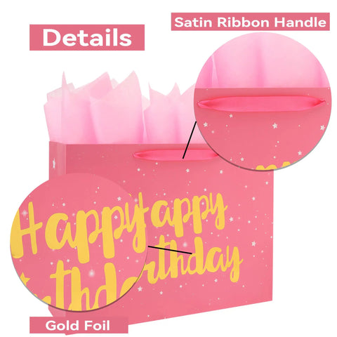 Extra Large Pink Birthday Gift Bag Set With Handles, Greeting Card, Tissue Paper And Stickers, Starry Night Design With Gold Foil