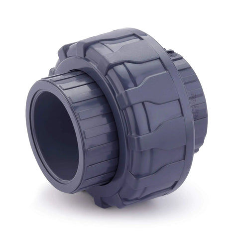 Front view of 2 Inch PVC Union Pipe Fitting Socket To Socket Schedule 80 Grey With EPDM O Ring for chemical-resistant plumbing.
