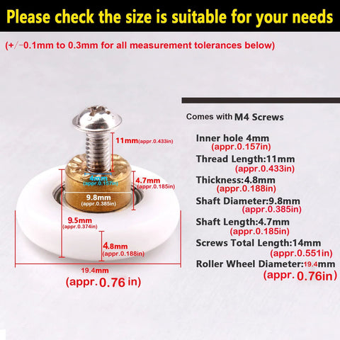 Close-up of 4 Pcs Shower Door Rollers Runners Wheels 19mm Replacement Part with dimensions and stainless steel screw details visible.