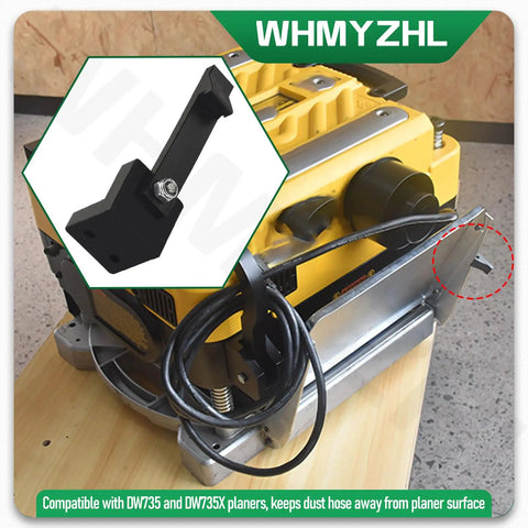 Collapsible Dust Hose Guide And Outfeed Hook For Dw735 Planers mounted on DW735 with dust hose kept away from surface.