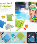 Cloth Diaper Wet And Dry Bags 2 Pack With Dual Zippered Pockets Waterproof, shown with swimming and travel accessories.
