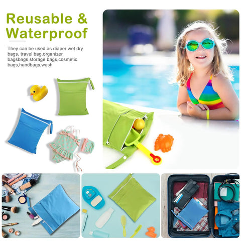 Cloth Diaper Wet And Dry Bags 2 Pack With Dual Zippered Pockets Waterproof, shown with swimming and travel accessories.