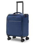 Underseat Carry On Luggage 15 Inch Softside With Spinner Wheels USB Port Navy Carry On Friendly Travel Case For Airlines Lightweight And Durable Fits Most Cabin Size And Weight Limits For Most Airlines Worldwide in navy color shown with spinner wheels and retractable handle.