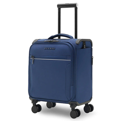 Underseat Carry On Luggage 15 Inch Softside With Spinner Wheels USB Port Navy Carry On Friendly Travel Case For Airlines Lightweight And Durable Fits Most Cabin Size And Weight Limits For Most Airlines Worldwide in navy color shown with spinner wheels and retractable handle.