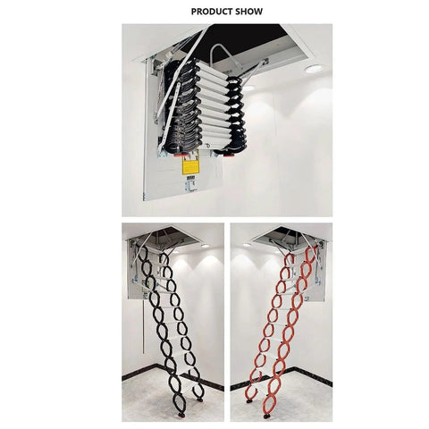 Smooth Operator Electric Attic Ladder With Rock Solid Armrests Pull Down Retractable Loft Staircase Telescoping Ceiling Hatchway Heavy Duty 70X120Cm in black and red color options, shown in open position.