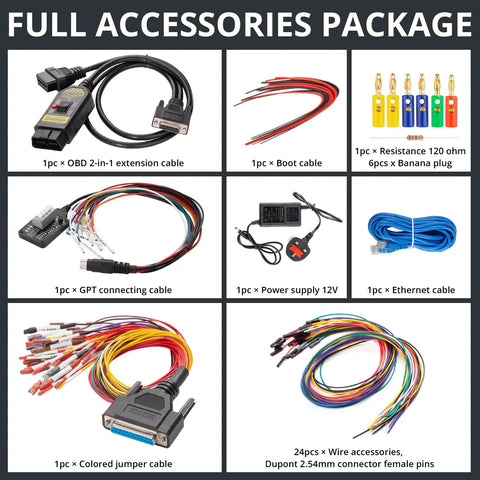 Full accessories package for GT100 Plus GPT ENET DOIP OBDII Breakout Box with cables, plugs, and connectors for ECU testing.
