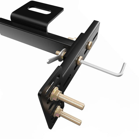 Built Tough Adjustable Headboard Brackets For Metal Bed Frame With Heavy Duty Footboard Extension Bolts No Sweat Install close-up view of matte black bracket with bolts.