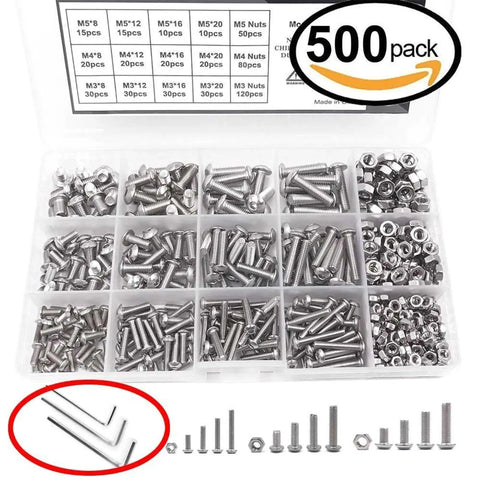 Solid 500pc Hex Socket Screw Nut Bolt Set In Black, 4mm Hardware Kit with assorted screws and nuts in a clear organizer.