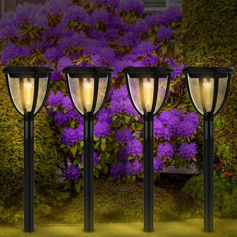 Solar Yard Light 4 Pack Outdoor Lantern Style Pathway Lights Waterproof With Vintage Filament COB Bulbs among purple flowers