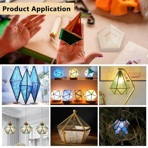 Solid Wood 3D Glass Soldering Jig With Traditional Pentagon Form For Stained Glass And Succulent Displays, showing various glass craft applications.