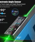 2 In 1 Green Laser Distance Measurer With Cross Line Level For Quick Indoor Outdoor Measuring, 328 Feet Range, Dual Green Lasers For Easy Layouts And Precise Marking, Accuracy Up To 1.5mm, angled view on blue beam