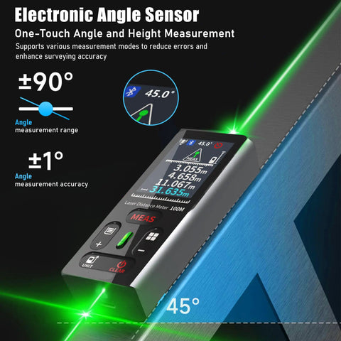 2 In 1 Green Laser Distance Measurer With Cross Line Level For Quick Indoor Outdoor Measuring, 328 Feet Range, Dual Green Lasers For Easy Layouts And Precise Marking, Accuracy Up To 1.5mm, angled view on blue beam