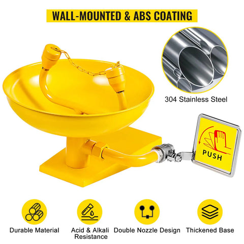 Emergency Eye Wash Station Wall Mounted With Eyewash Sign Dual Spray Faucet Stainless Steel And ABS Housing, yellow design.