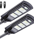 600W Solar Street Light Dusk To Dawn LED With Motion Sensor And Remote, 2-Pack Bundle, black rectangular lights with remotes