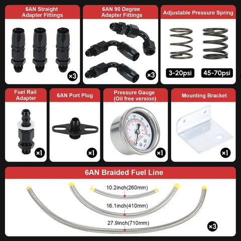 Components of Adjustable Fuel Pressure Regulator Kit 3 to 70 PSI For EFI Systems with 6AN fittings and braided fuel line hoses