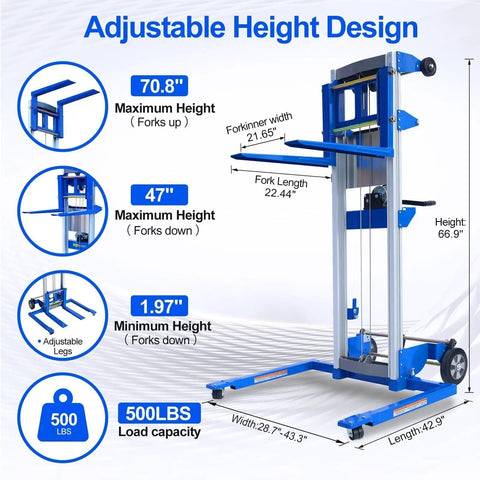 Adjustable Material Lift Winch Stacker With 500 Lb Capacity And 70 Inch Height Reach For Warehouse Or Factory Use diagram