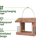 US Cedar Outdoor Bird Feeder With Hanging Design Handcrafted Wood Double Suet Cage Clear View Windows Squirrel Proof Wild Bird Feeder For Cardinals Finches Chickadees with strong hanging rope, waterproof roof, and ventilated design