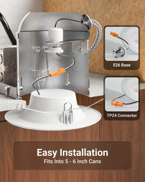 Six Pack 6 Inch Retrofit Led Recessed Lights With Baffle Trim And Quick 5Cct Dial For Warm To Daylight Tones Dimmable Ceiling Downlights installation setup with E26 base and TP24 connector.