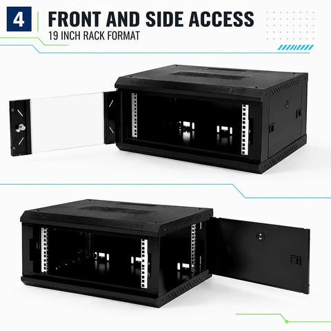 Heavy Duty Wall Mount Server Rack Cabinet With Locking Tempered Glass Door And 19 Inch Standard Layout For Network Switches Routers Patch Panels, showing front and side access.