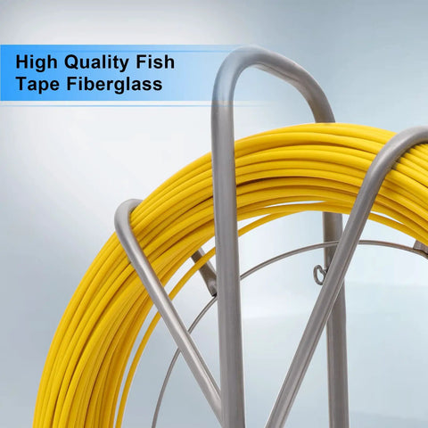 425 Ft Fiberglass Fish Tape One Quarter Inch Electrical Fishtape with Steel Wheel Stand and Yellow Tape