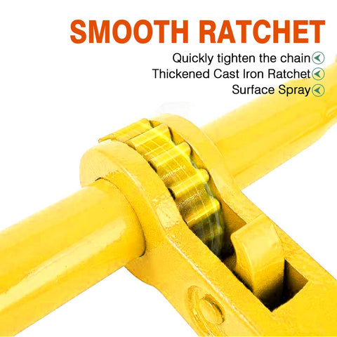 Close-up of smooth ratchet mechanism on Beefy Ratchet Load Binders Three Eighths To One Half Inch Two Pack With Grab Hooks 9200 Lbs Working Load Grade 70 80 Chain Tie Downs For Transport Towing Hauling And Flatbed Trailers.