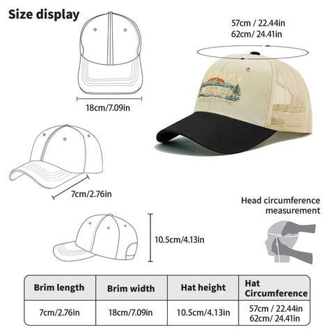 Funny RV Pilot Camper Road Trip Hat Avid Traveler Baseball Cap with detailed size measurements.