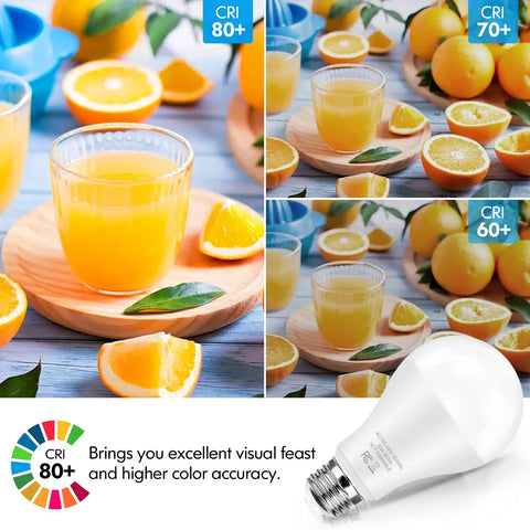 Ultra Bright 2200 Lumen LED Bulbs 150 Watt Equivalent with glass of orange juice showing color accuracy and brightness