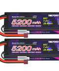 7.4V 2S 5200mAh 80C LiPo RC Battery With Hard Case And T Connector For 1 8th Scale And 1 10th Scale RC Cars And Trucks Dual Pack