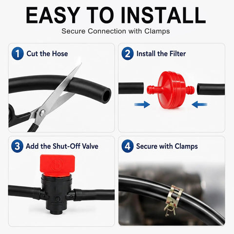 Easy install guide for 1/4 Inch Fuel Line Hose Kit With Clamps, Valve And Filters For Mowers, Tractors, AtVs, Snowblowers And Dirt Bikes, Universal Fit Rubber Tube 6.56 Ft Long To Kill That Leak And Keep Y Our Ride Smoothing Smooth.
