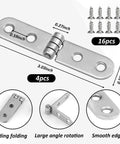 Workhorse Quality 4 Piece 180 Degree Folding Hinge Kit With Sturdy Right Angle Brackets And Complete Screw Set For Rock Solid Furniture Assembly And No Sweat Setup, showing 4 metal hinges with dimensions.