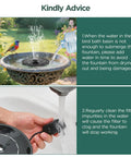 1W Solar Bird Bath Fountain Pump With 6 In 1 Nozzles for Outdoor Garden Pond and Pool in use with bird and cleaning instructions.