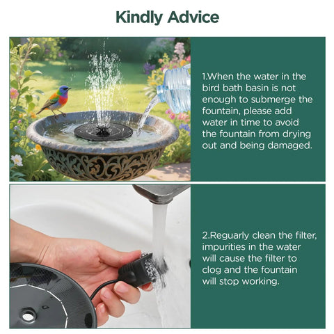 1W Solar Bird Bath Fountain Pump With 6 In 1 Nozzles for Outdoor Garden Pond and Pool in use with bird and cleaning instructions.