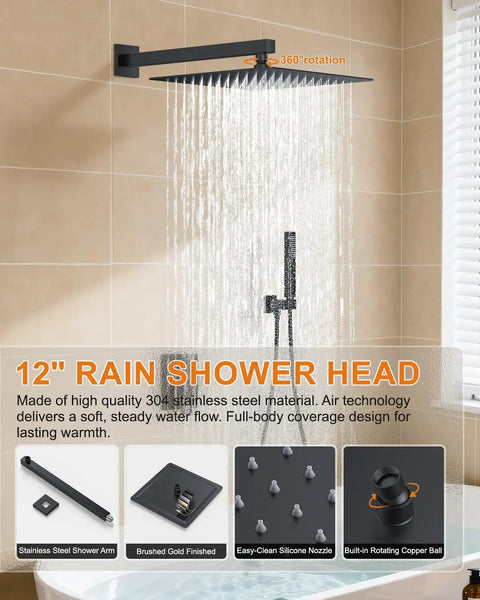 Wall Mounted Bathtub Shower System With A Clean Matte Black Look And Legit Heavy Duty Brass Rough In Valve, Includes A Massive 12 Inch Rainhead And Handheld Spray Combo For Stress Free Reno Jobs