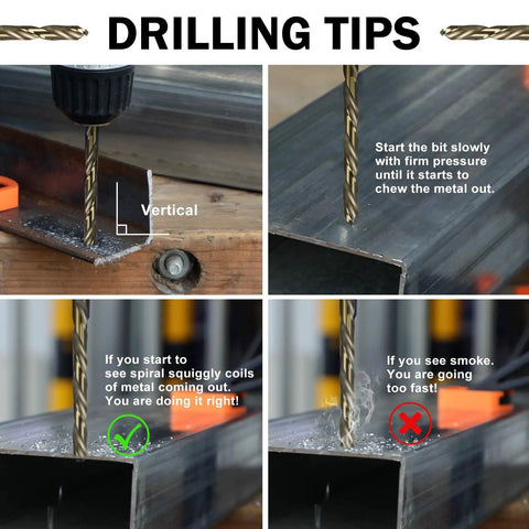 Demonstration of Two Pack Cobalt Drill Bit Set Seven Sixteenth Inch Hex Shank Jobber Bits in use on metal with drilling tips.