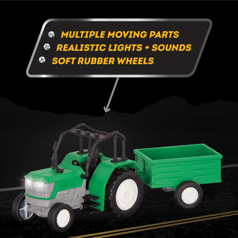 7-Inch Tractor Toy With Lights And Sounds, Movable Parts And Detachable Trailer With Rear Hatch on a dark background.