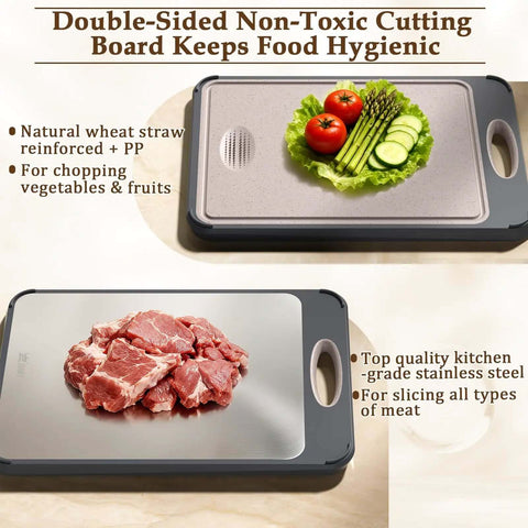 2 In 1 Stainless Steel And Wheat Straw Cutting Board For Kitchen Double Sided For Meat And Veggies Easy To Clean
