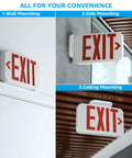 LED Emergency Exit Sign With Battery Backup Double Face Hardwired Red Exit Lights For Business Indoor Use UL 924 Approved AC 120 277V Damp Location Ready Low Maintenance Pack Of 2 in wall, side, and ceiling mounting methods
