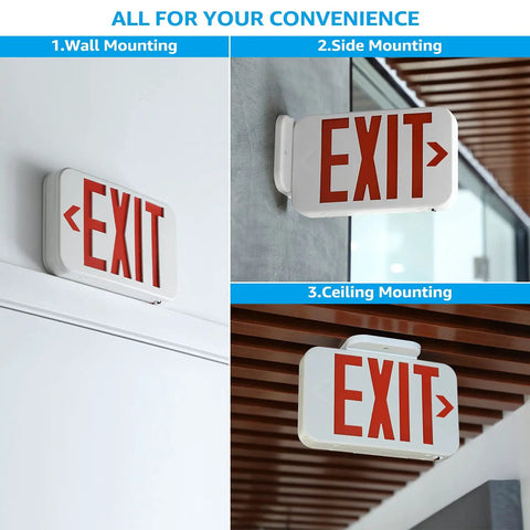 LED Emergency Exit Sign With Battery Backup Double Face Hardwired Red Exit Lights For Business Indoor Use UL 924 Approved AC 120 277V Damp Location Ready Low Maintenance Pack Of 2 in wall, side, and ceiling mounting methods