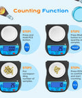 Digital Lab Scale 600g Capacity With 0.01g Readability LCD Display showing counting function steps for precision use.