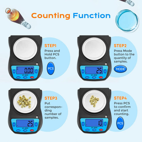 Digital Lab Scale 600g Capacity With 0.01g Readability LCD Display showing counting function steps for precision use.