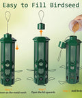 Weight Activated Squirrel Proof Bird Feeder With Removable Base For Outdoor Hanging No Hassle Setup, 6 Ports Perches, 3Lb Seed Capacity, Heavy Duty Metal Construction In Green showing filling process with lid removal